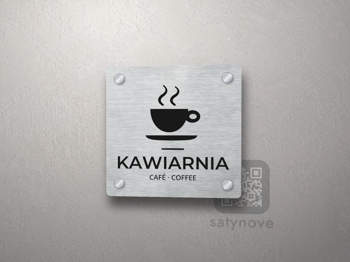 Kwadratowa tabliczka z filiżanką kawy z parą, linią i podpisem KAWIARNIA