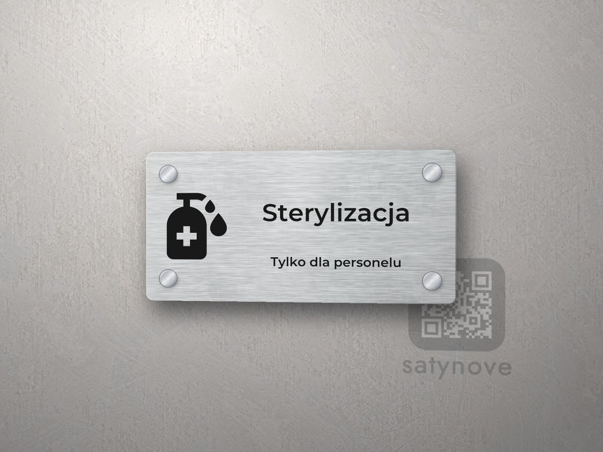 Tabliczka na drzwi z piktogramem dezynfekcji i napisem Sterylizacja, Tylko dla personelu