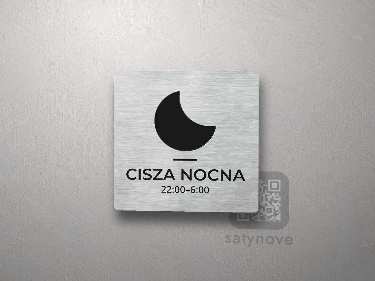 Kwadratowa tabliczka z księżycem: CISZA NOCNA 22:00–6:00