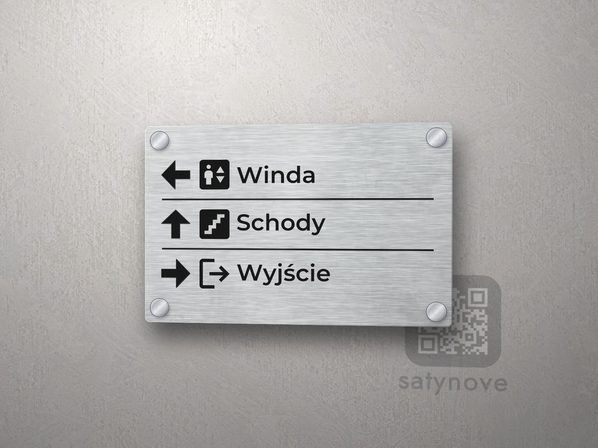 Tabliczka kierunkowa Winda, Schody, Wyjście ze strzałkami i piktogramami