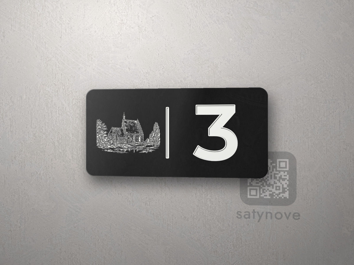 Czarna tabliczka 10 × 5 cm z numerem 3 i białą grafiką Bydgoszczy