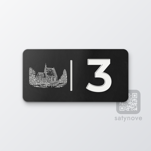 Czarna tabliczka 10 × 5 cm z numerem 3 i białą grafiką Bydgoszczy