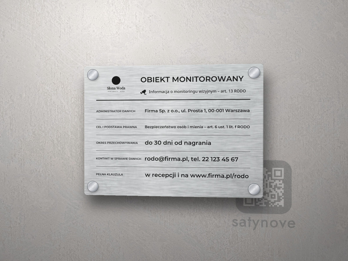 Tabliczka Obiekt monitorowany z logo administratora i polami klauzuli RODO