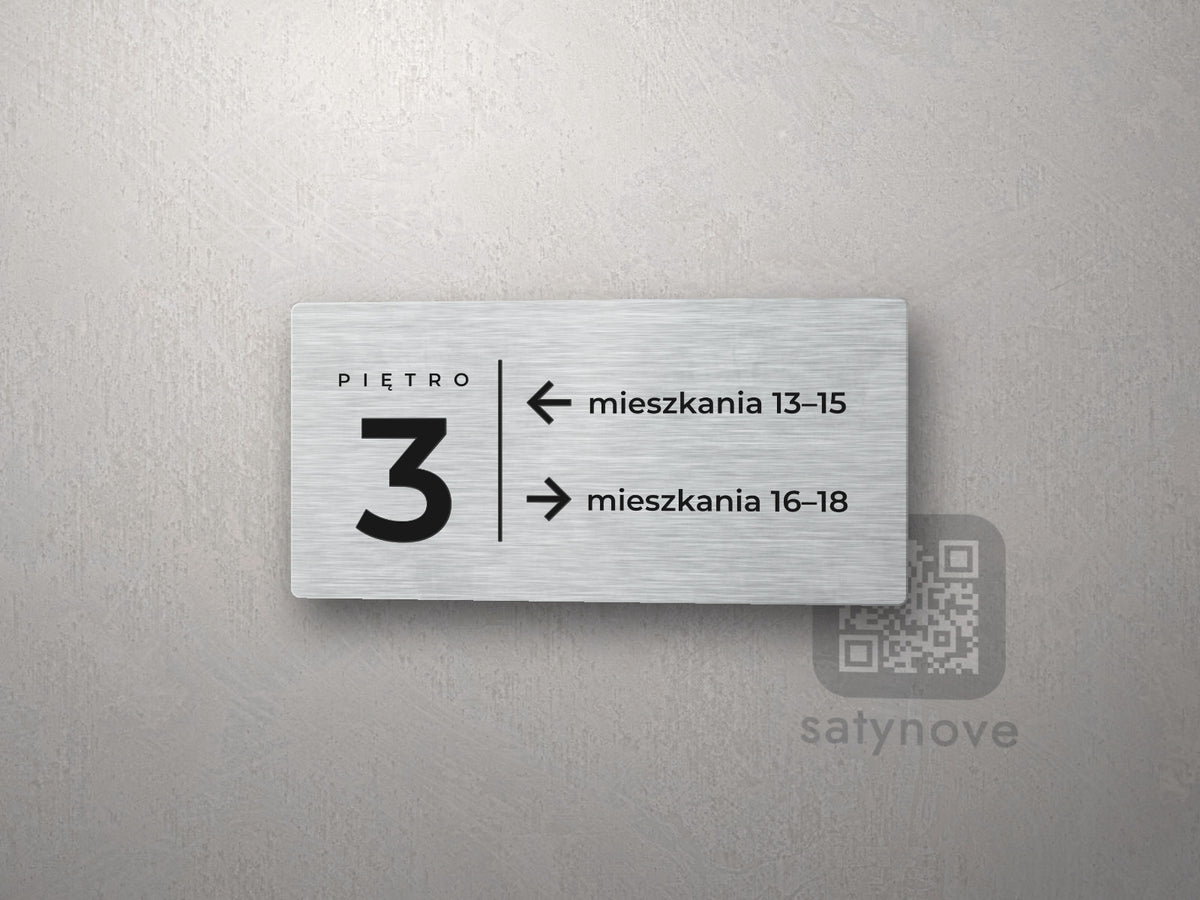 Tabliczka PIĘTRO 3 ze strzałkami do mieszkań 13–15 i 16–18