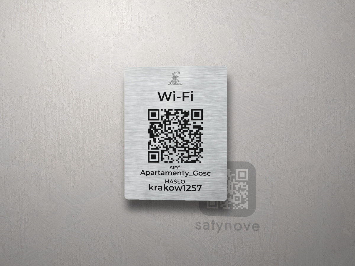 Srebrna tabliczka Wi-Fi z kodem QR i grafiką Krakowa