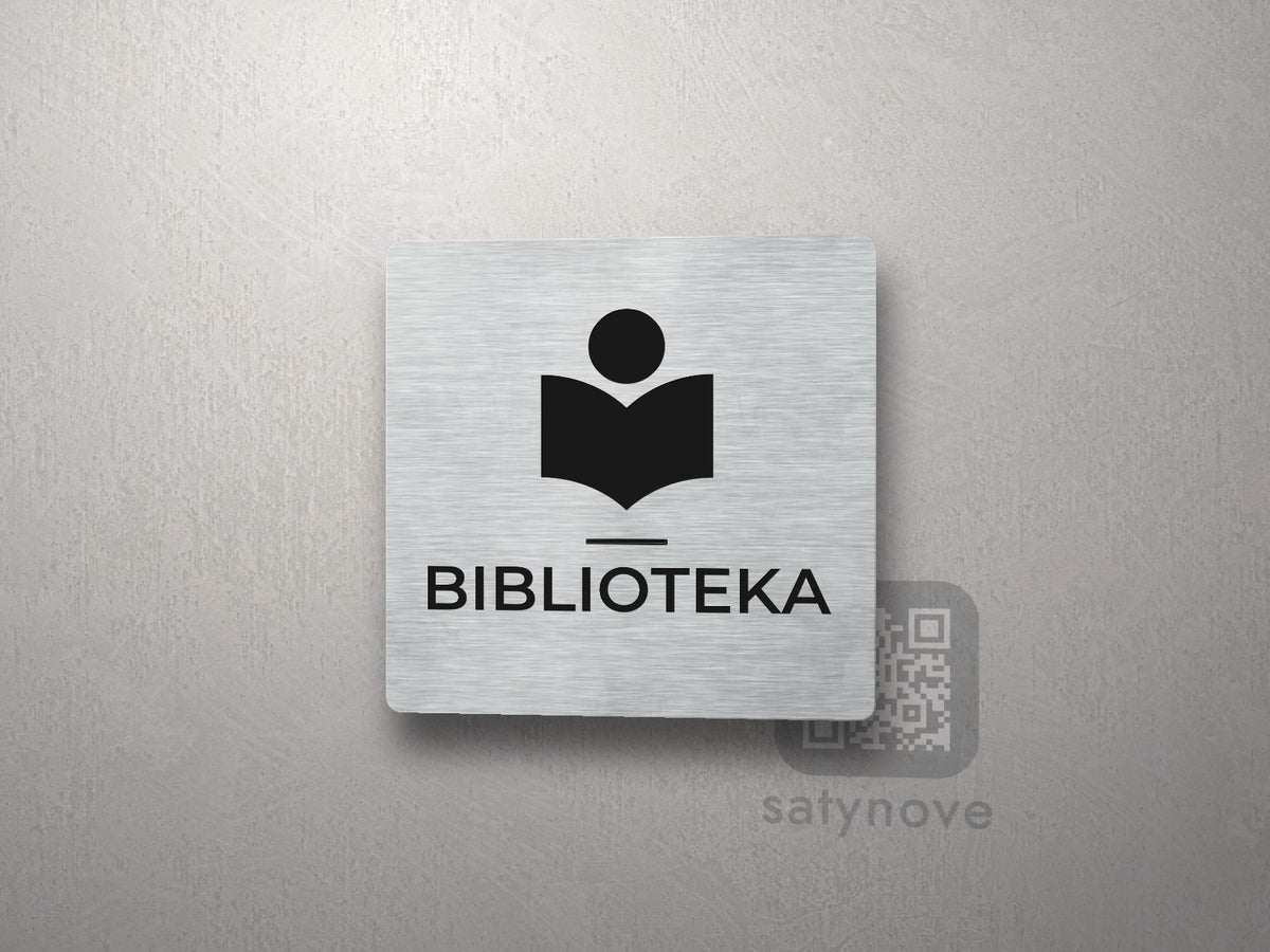 Kwadratowa tabliczka z piktogramem i napisem BIBLIOTEKA