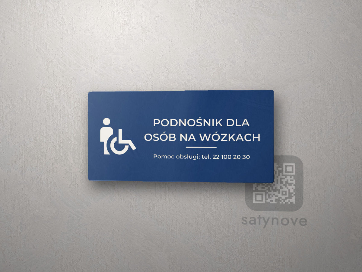Tabliczka Podnośnik dla osób na wózkach z symbolem i numerem telefonu obsługi