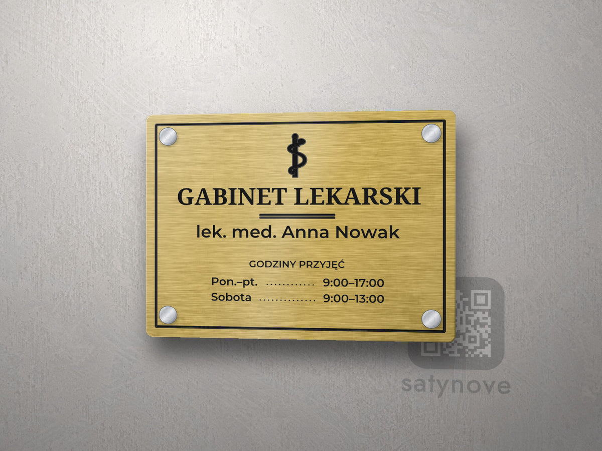 Tabliczka gabinetu lekarskiego w ramce z symbolem i godzinami przyjęć