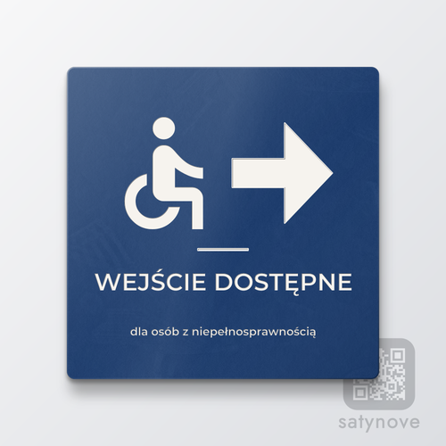 Kwadratowa tabliczka z symbolem wózka, strzałką i napisem Wejście dostępne