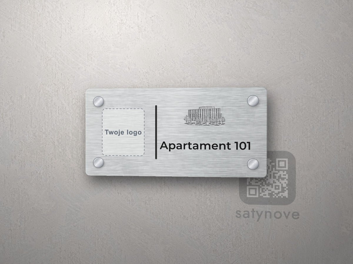Srebrna tabliczka apartamentu z miejscem na logo i grafiką Katowic
