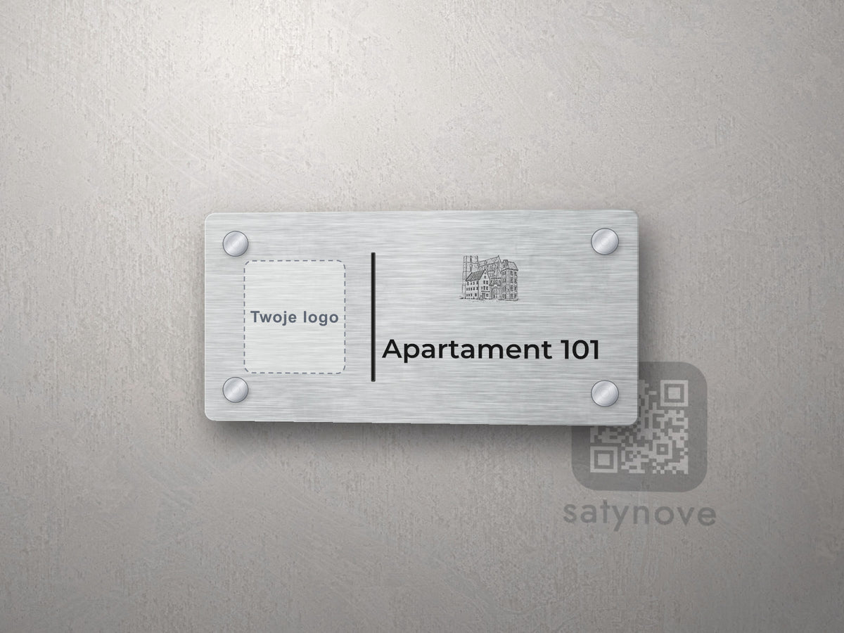 Srebrna tabliczka apartamentu z miejscem na logo i grafiką Wrocławia