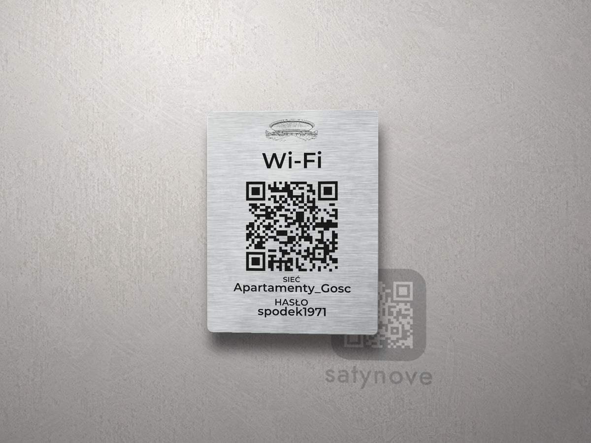 Srebrna tabliczka Wi-Fi z kodem QR i grafiką Katowic