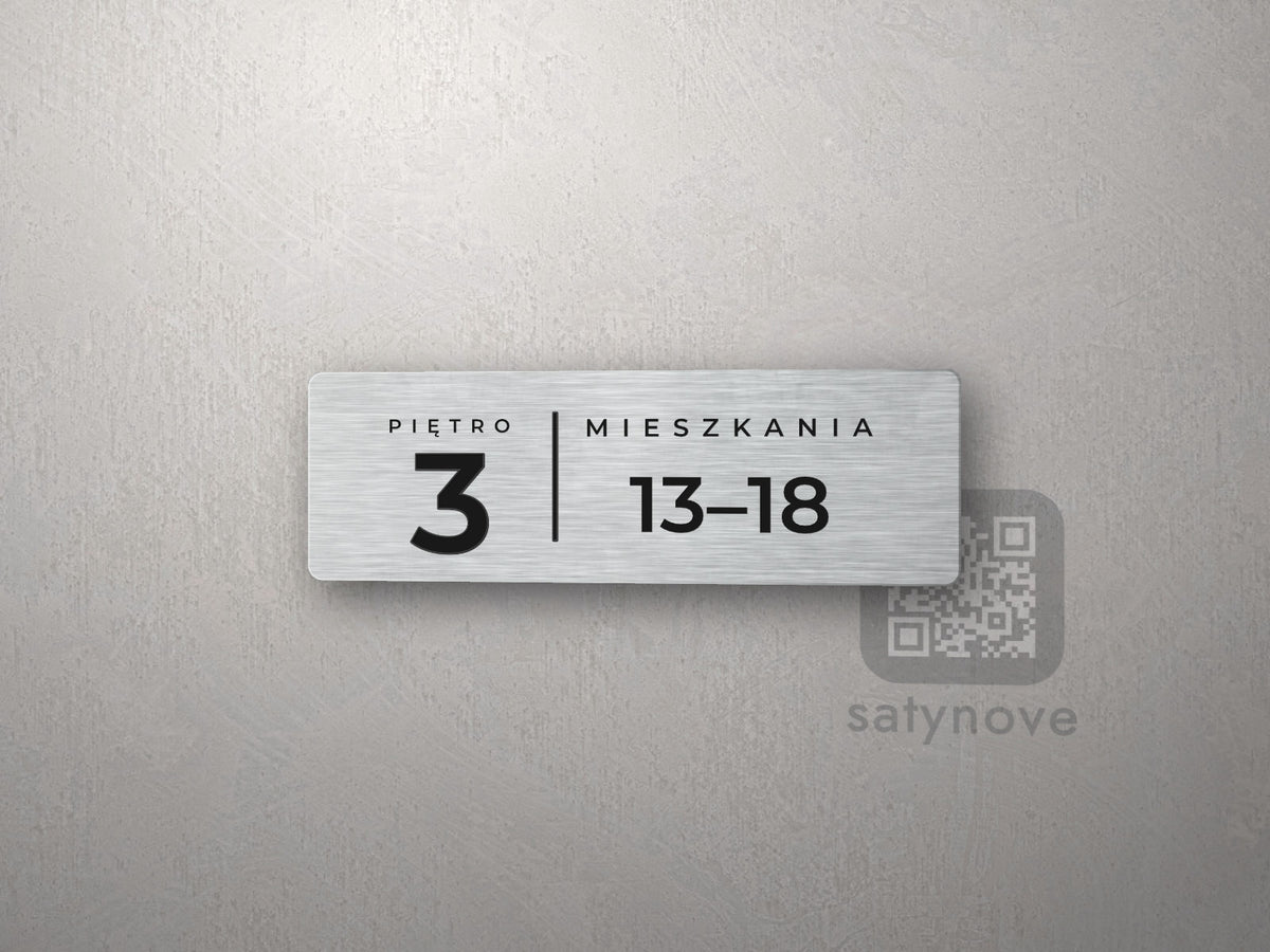 Tabliczka PIĘTRO 3, MIESZKANIA 13–18 na srebrnym laminacie