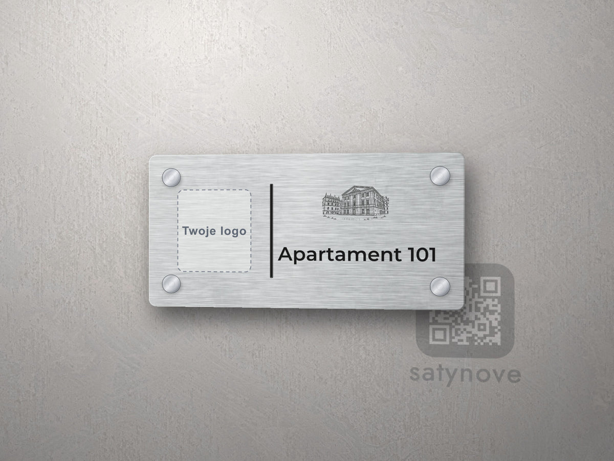 Srebrna tabliczka apartamentu z miejscem na logo i grafiką Lublina