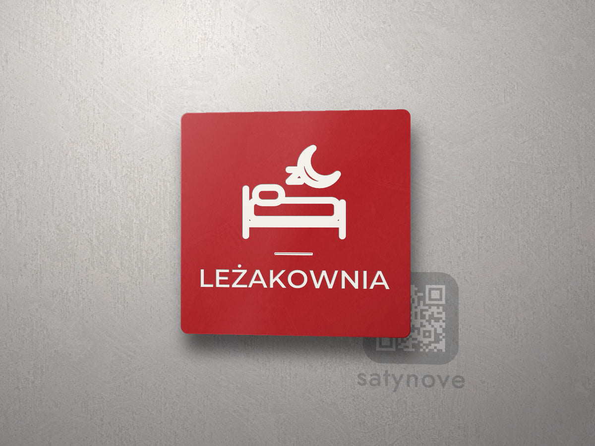 Czerwona kwadratowa tabliczka z obrazkiem i napisem LEŻAKOWNIA