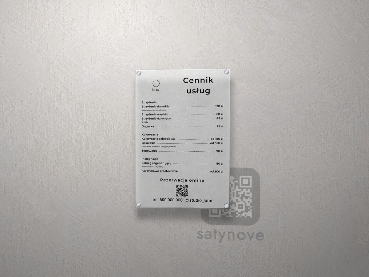 Cennik salonu z logo i kodem QR do rezerwacji – tablica z plexi