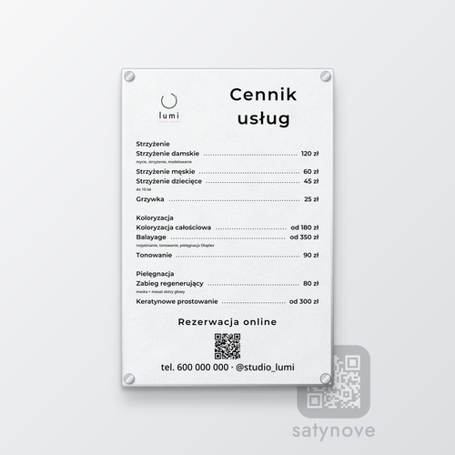 Cennik salonu z logo i kodem QR do rezerwacji – tablica z plexi