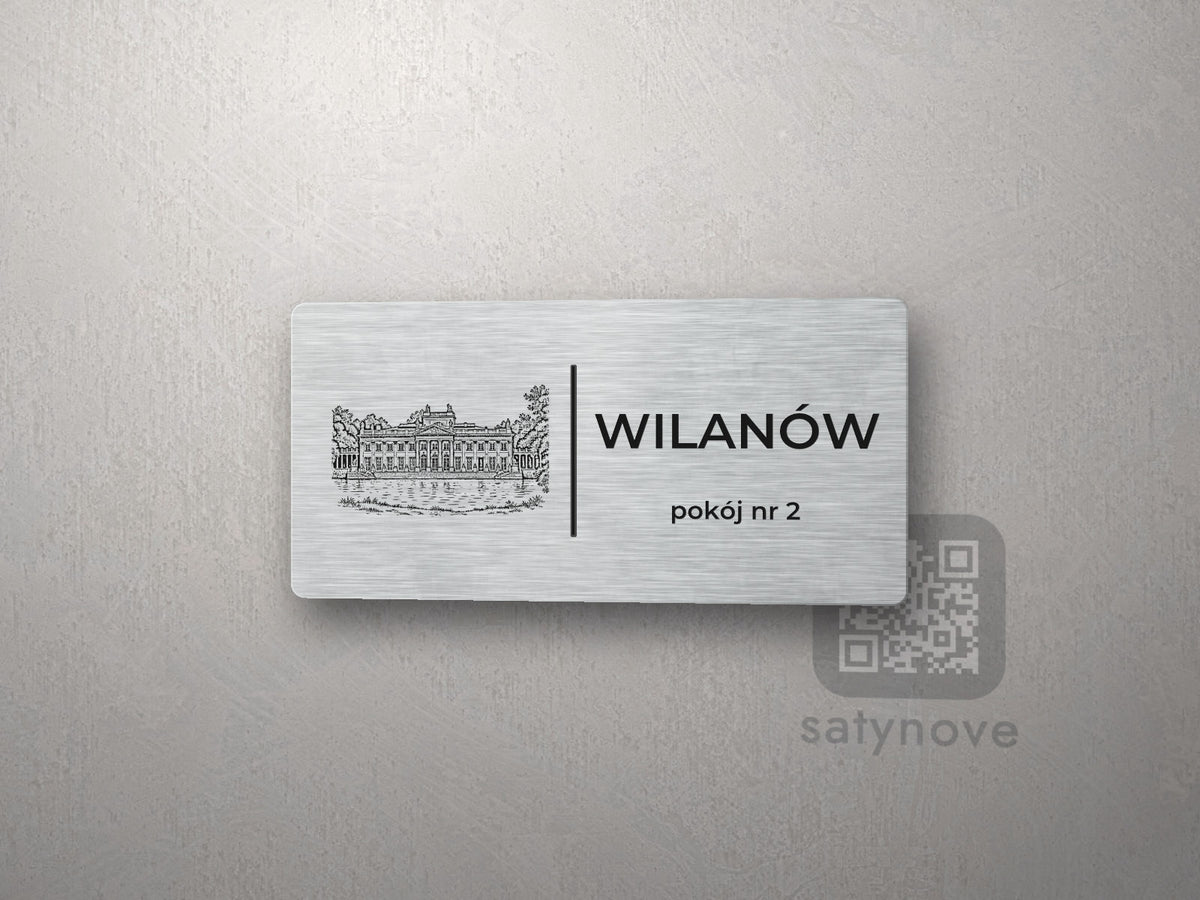 Srebrna tabliczka z rysunkiem i napisem WILANÓW, pokój nr 2