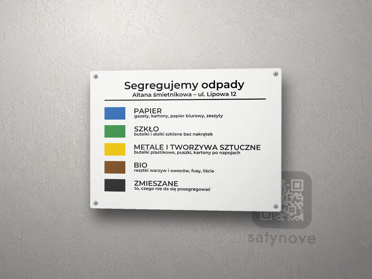 Tablica „Segregujemy odpady” z pięcioma kolorowymi polami frakcji
