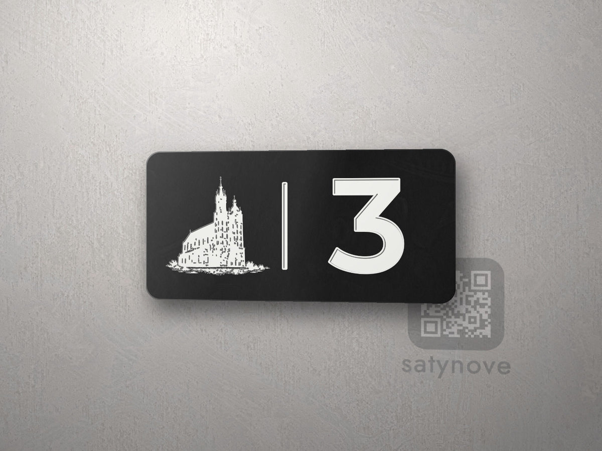 Czarna tabliczka 10 × 5 cm z numerem 3 i białą grafiką Krakowa