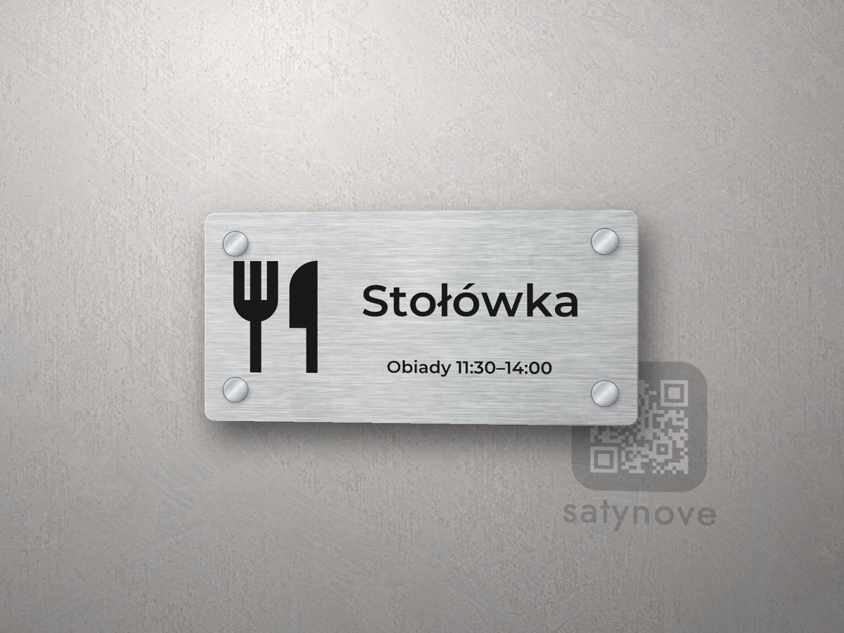 Tabliczka na drzwi z piktogramem sztućców i napisem Stołówka