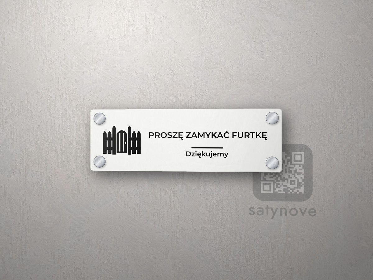 Tabliczka „Proszę zamykać furtkę” z piktogramem