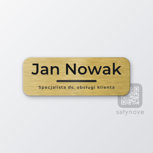 Złoty identyfikator z imieniem, cienką linią i stanowiskiem