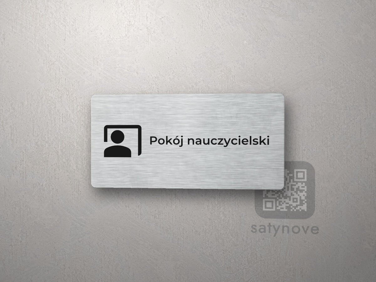 Srebrna tabliczka na drzwi z piktogramem i napisem Pokój nauczycielski