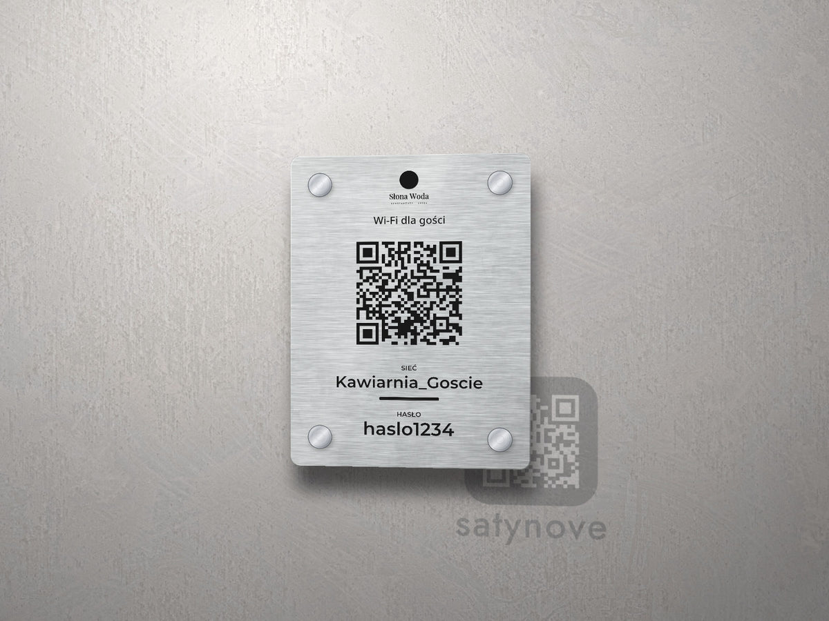Tabliczka Wi-Fi z logo firmy, kodem QR, nazwą sieci i hasłem