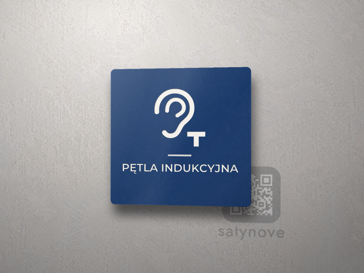 Granatowa kwadratowa tabliczka z symbolem ucha i litery T oraz napisem Pętla indukcyjna