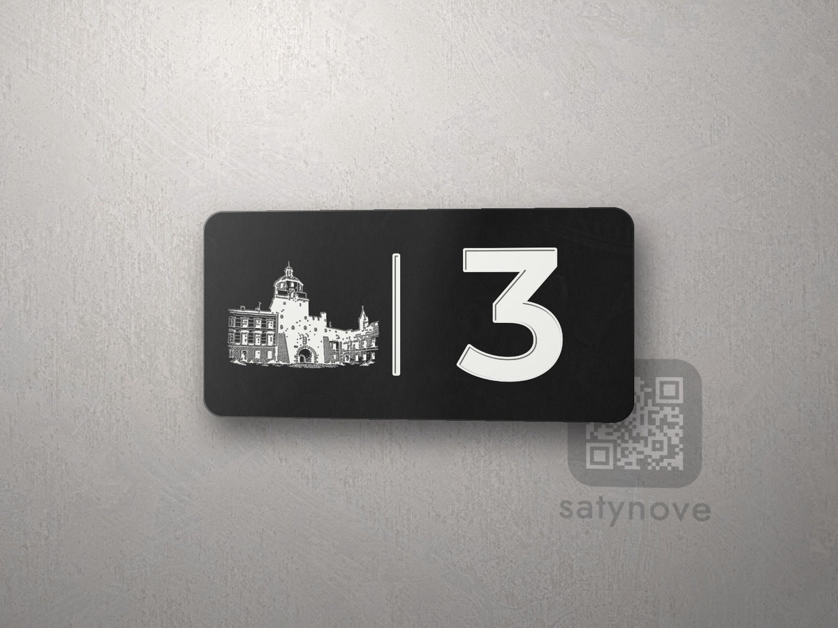 Czarna tabliczka 10 × 5 cm z numerem 3 i białą grafiką Lublina