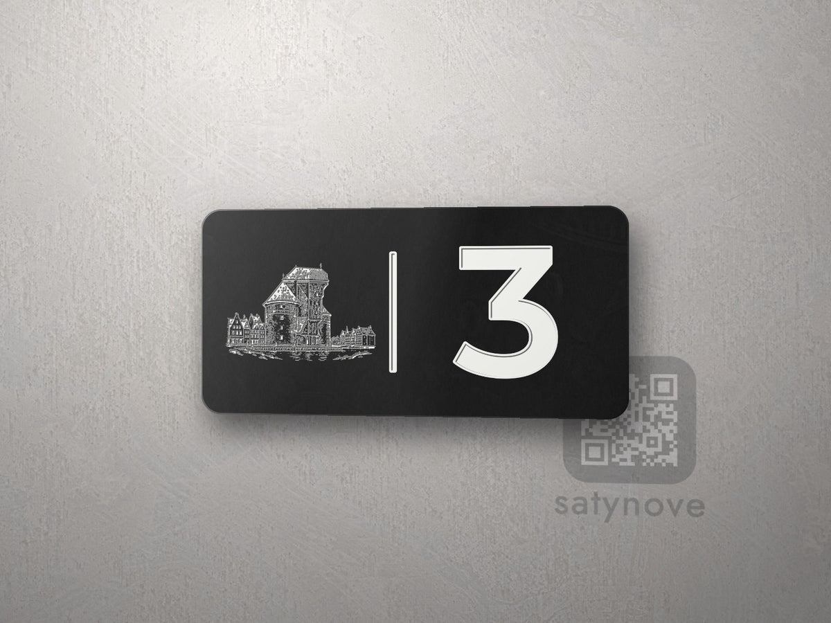 Czarna tabliczka 10 × 5 cm z numerem 3 i białą grafiką Trójmiasta