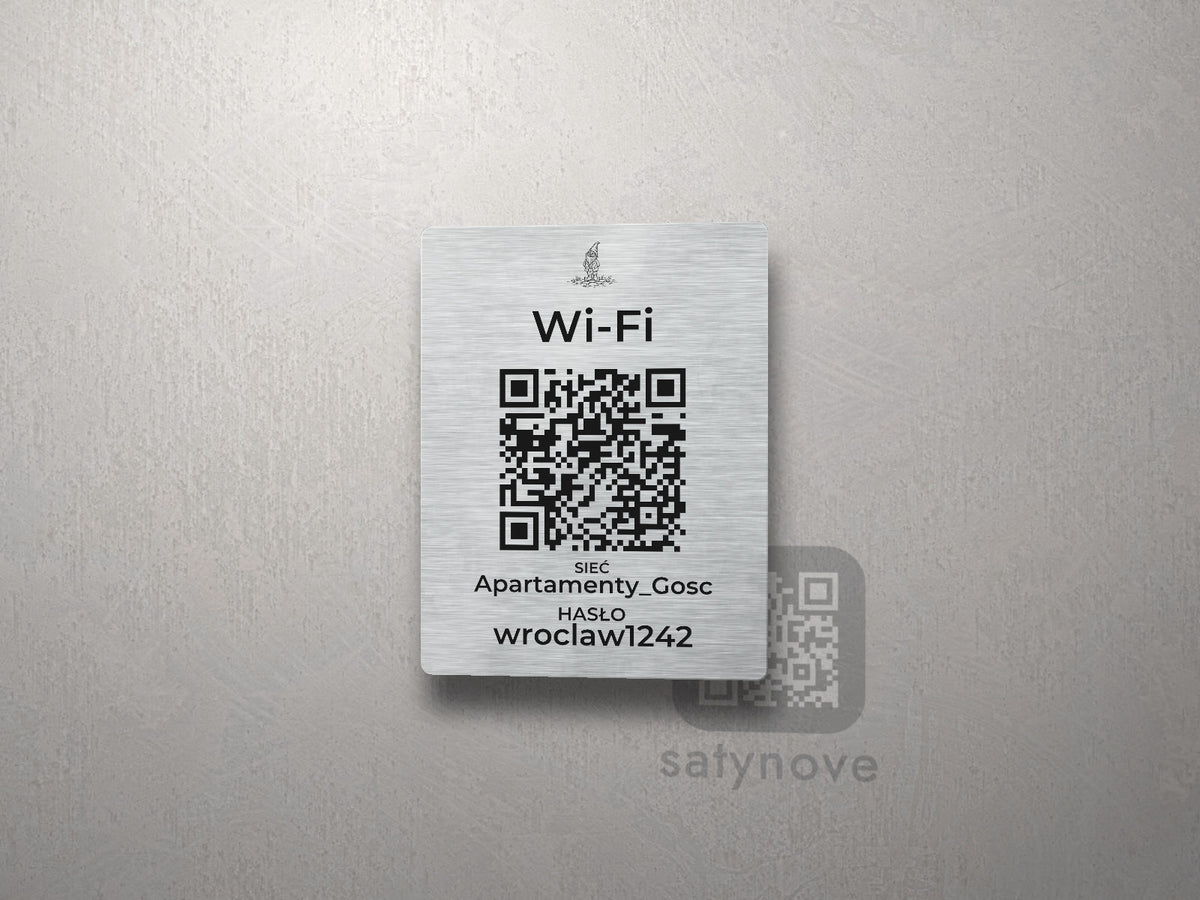 Srebrna tabliczka Wi-Fi z kodem QR i grafiką Wrocławia