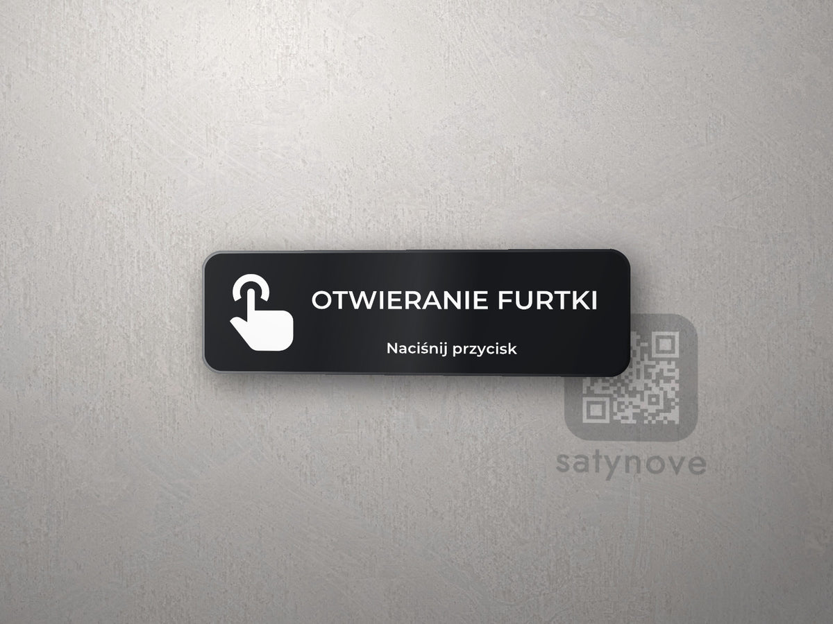 Tabliczka Otwieranie furtki z piktogramem palca na przycisku