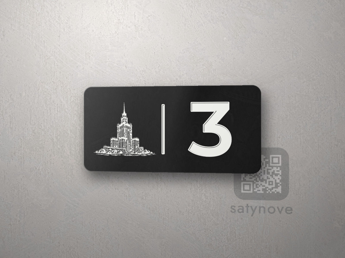 Czarna tabliczka 10 × 5 cm z numerem 3 i białą grafiką Warszawy