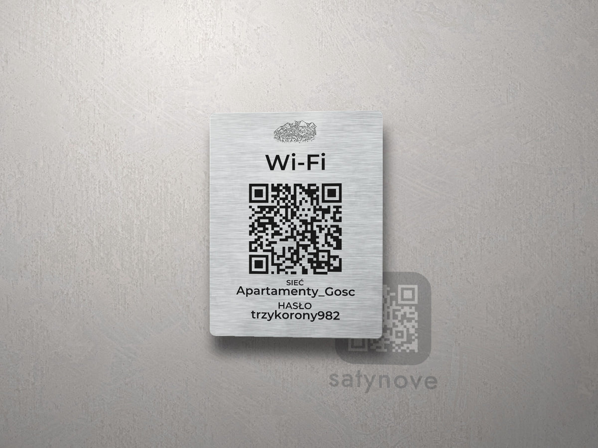 Srebrna tabliczka Wi-Fi z kodem QR i grafiką Pienin