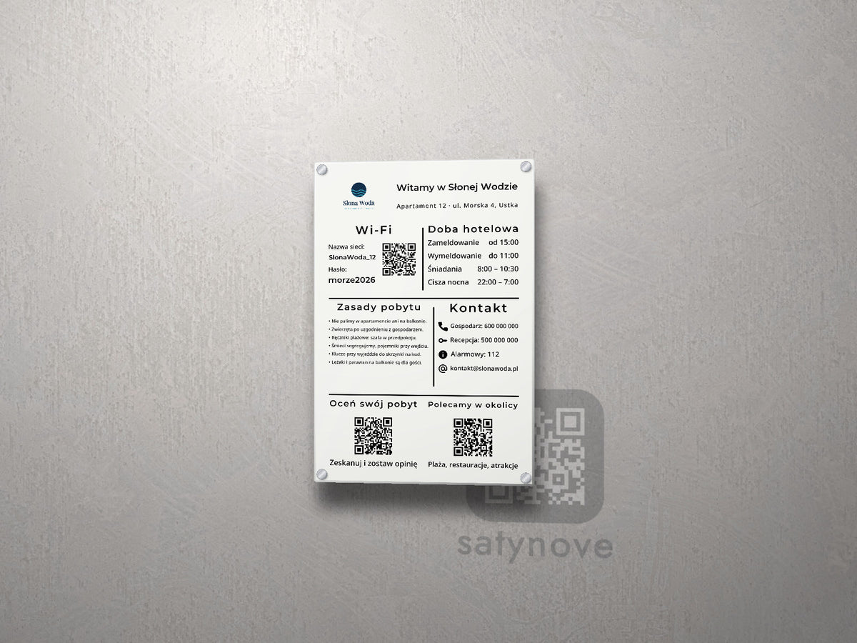 Tablica informacyjna dla gości: Wi-Fi, doba hotelowa, zasady, kontakt – plexi
