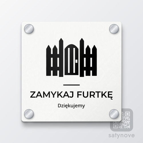 Kwadratowa tabliczka ZAMYKAJ FURTKĘ z piktogramem i podpisem