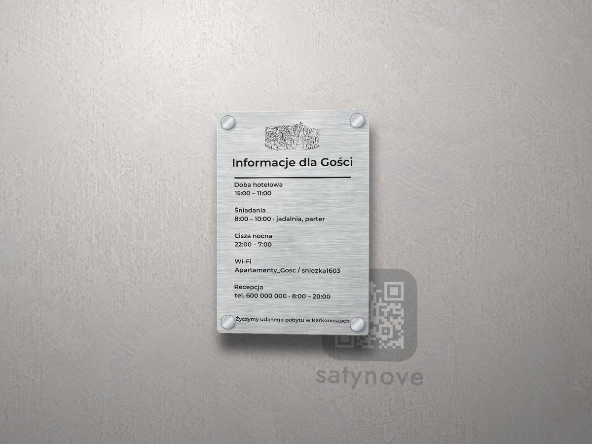 Srebrna tablica informacyjna dla gości z grafiką Karkonoszy