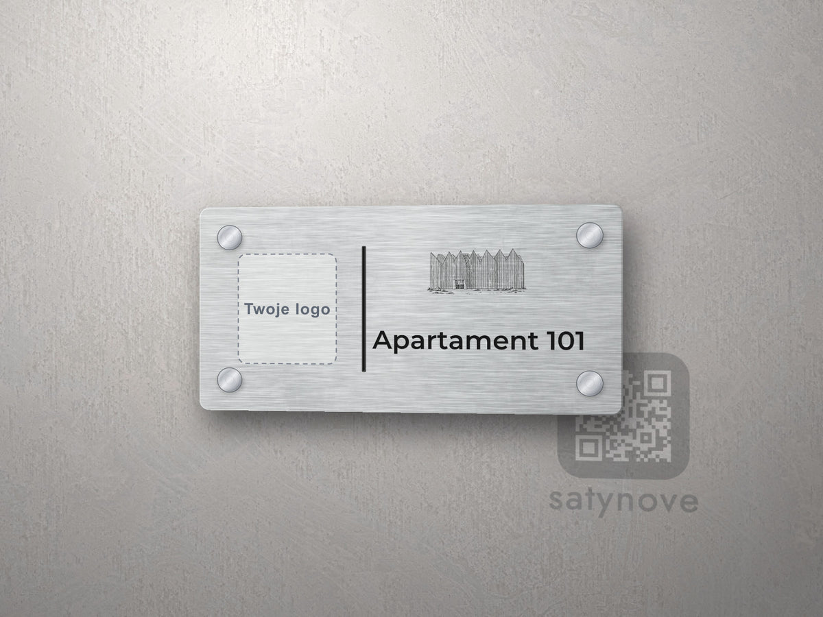 Srebrna tabliczka apartamentu z miejscem na logo i grafiką Szczecina
