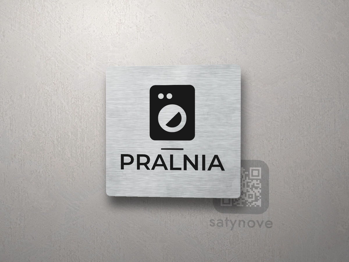 Kwadratowa tabliczka z piktogramem i podpisem PRALNIA
