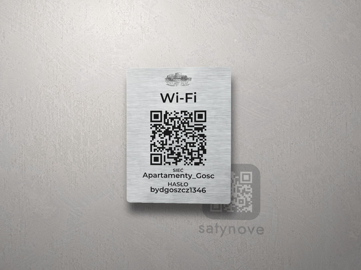 Srebrna tabliczka Wi-Fi z kodem QR i grafiką Bydgoszczy