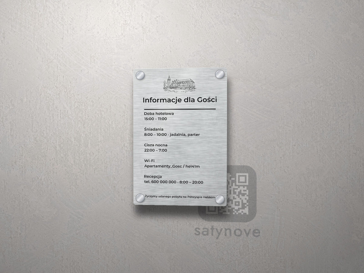 Srebrna tablica informacyjna dla gości z grafiką Półwyspu Helskiego