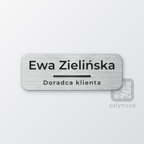 Srebrny identyfikator z imieniem, cienką linią i stanowiskiem