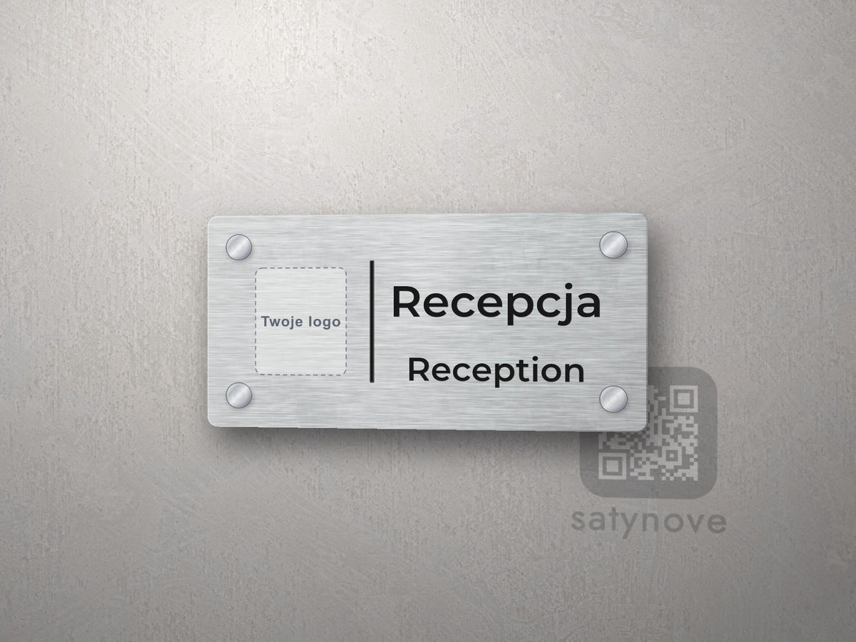 Tabliczka z logo firmy i napisem Recepcja, Reception