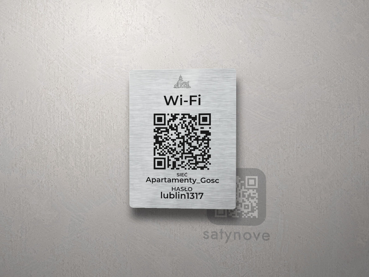 Srebrna tabliczka Wi-Fi z kodem QR i grafiką Lublina