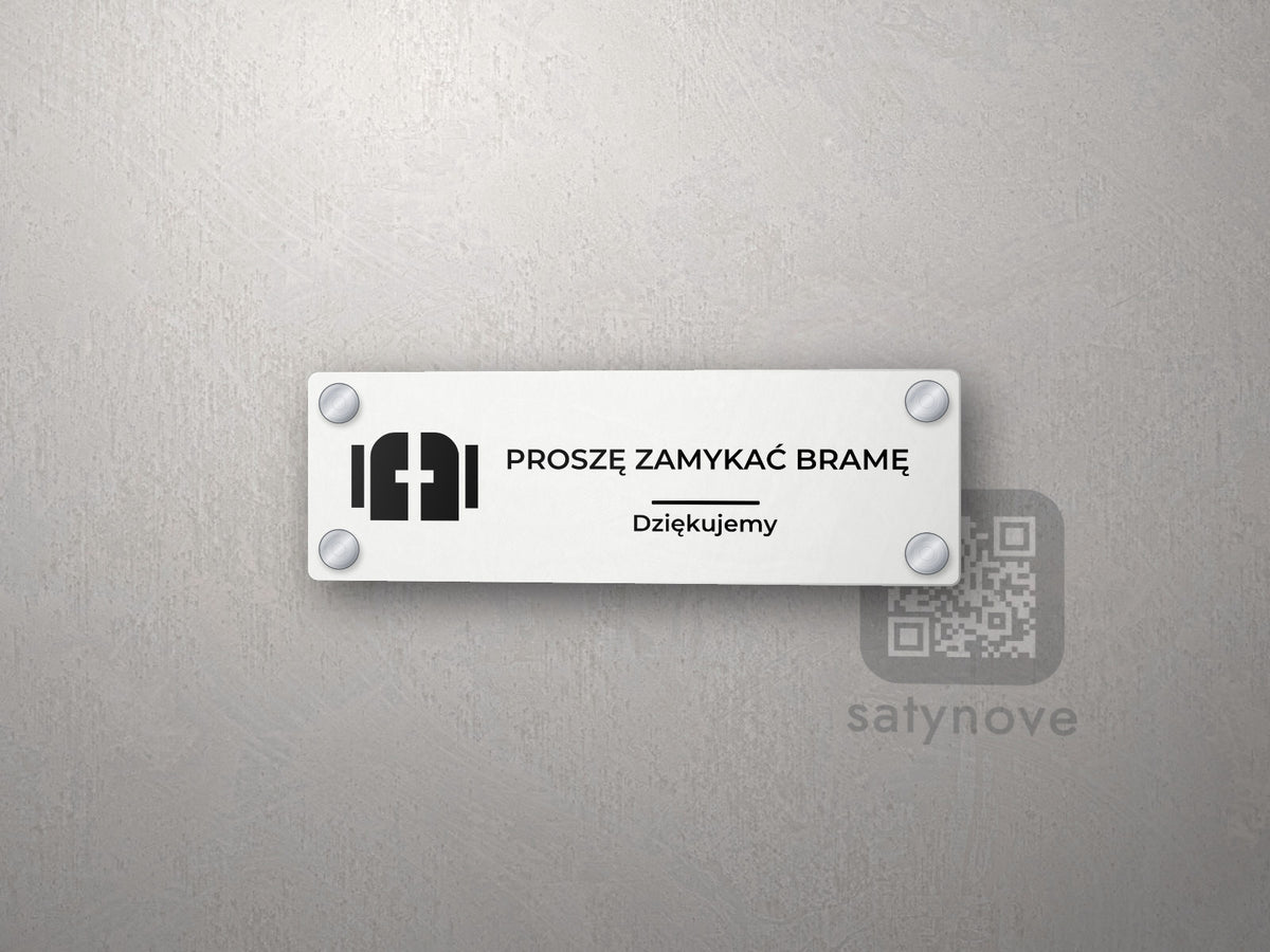 Tabliczka „Proszę zamykać bramę” z piktogramem