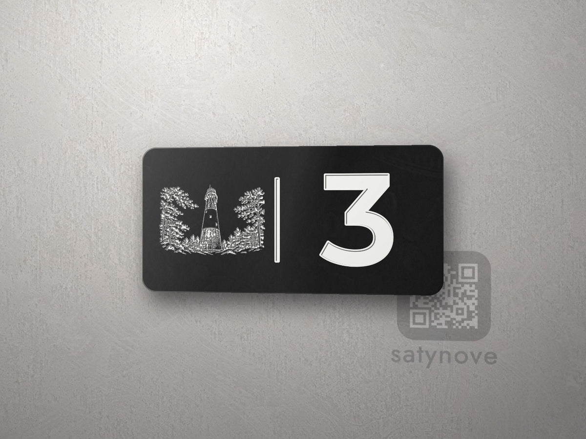 Czarna tabliczka 10 × 5 cm z numerem 3 i białą grafiką Łeby