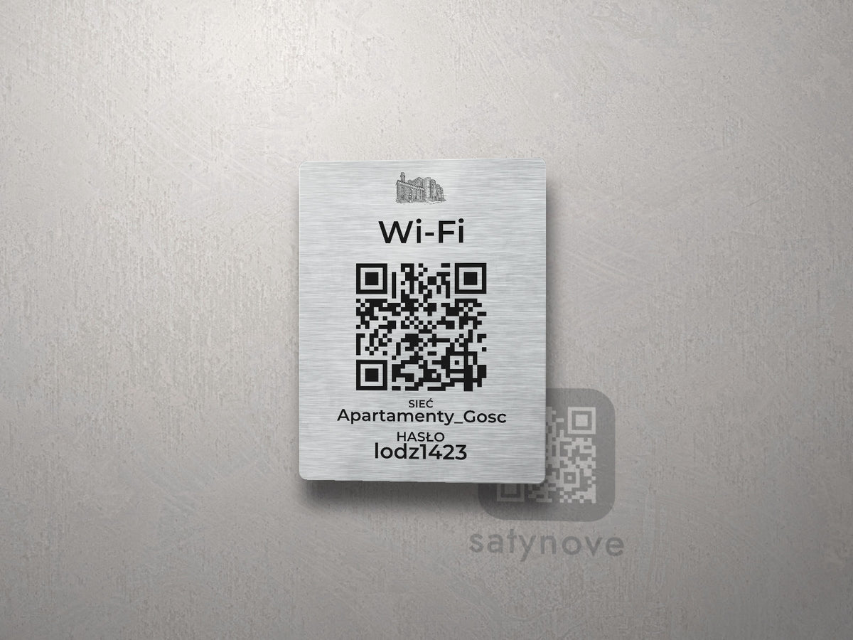Srebrna tabliczka Wi-Fi z kodem QR i grafiką Łodzi