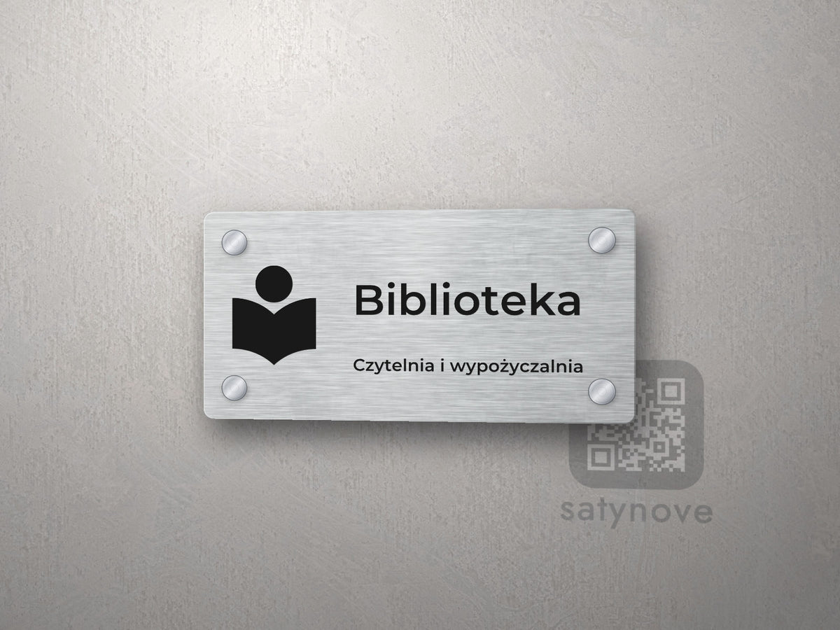 Tabliczka na drzwi z piktogramem książki i napisem Biblioteka